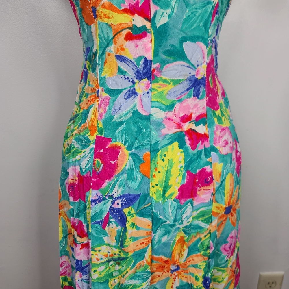 Vtg 80's/90's Jams World Bright Floral Tropical Print Back Tie Sash Midi Dress S - Picture 9 of 14